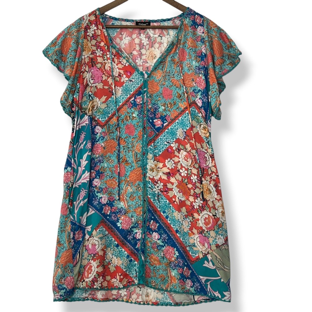 Tolani Dress S Multicolor Boho Patchwork Floral Tie Neck Modal Pockets‎ Festival